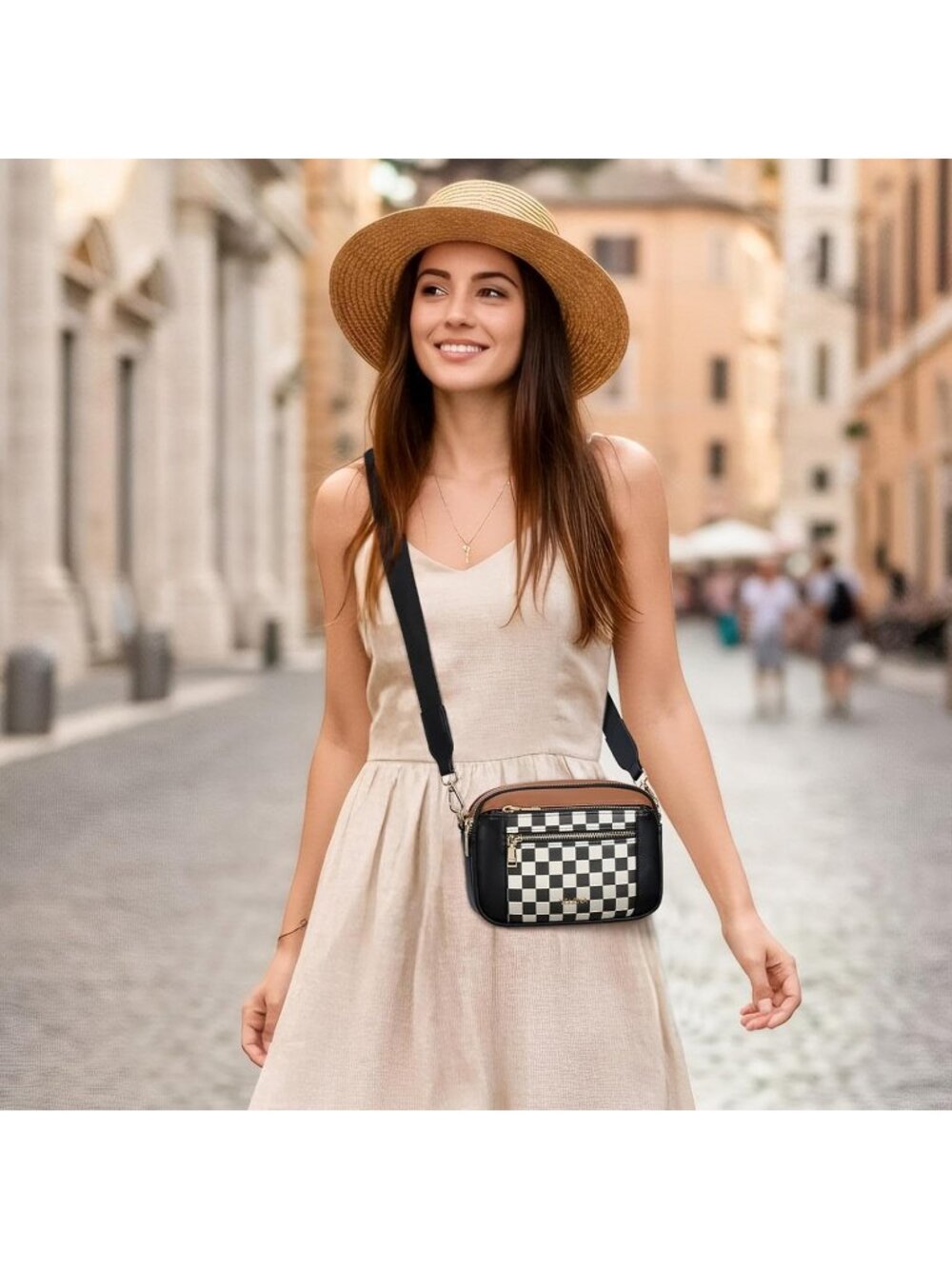 Women's Beige Black Vegan Leather Purse Adjustable Wide Strap Crossbody Bag - Picture 3 of 6